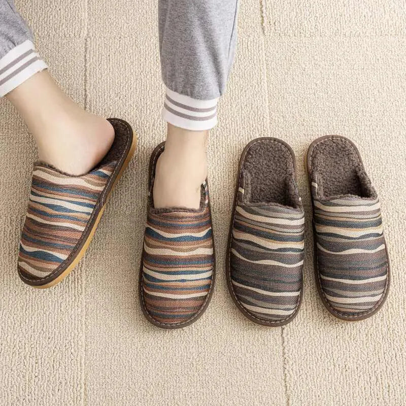 Cotton slippers with linen surface in floral patterns, showing PVC sole and colour options