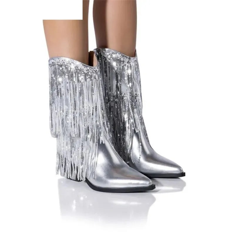 Women's brown chunky heel tassel boots with 8cm+ stiletto heels and mid-calf cut