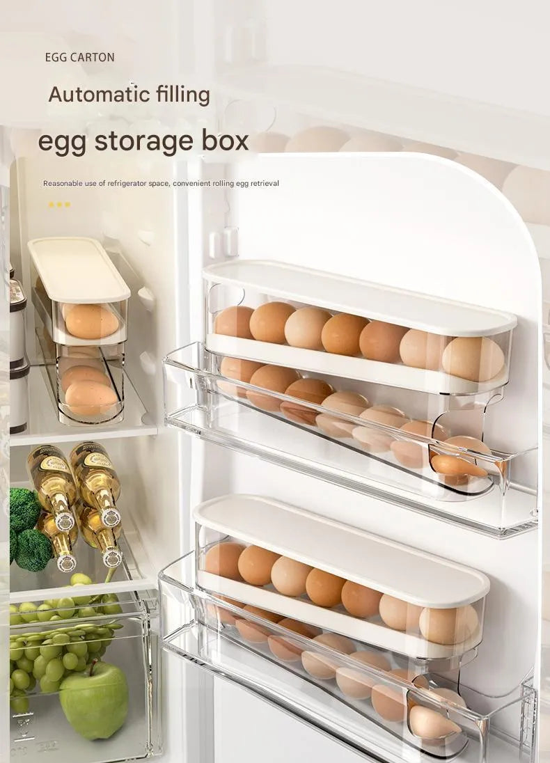 Transparent white refrigerator slide-out egg tray with automatic dispenser mounted on refrigerator door