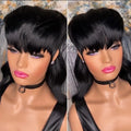 Black Brazilian wig with bangs, short at the front and long at the back.
