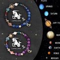 Twelve Zodiac Sign natural stone beaded bracelet set showing adjustable 18-22cm length and astrological designs
