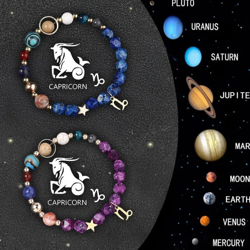 Twelve Zodiac Sign natural stone beaded bracelet set showing adjustable 18-22cm length and astrological designs