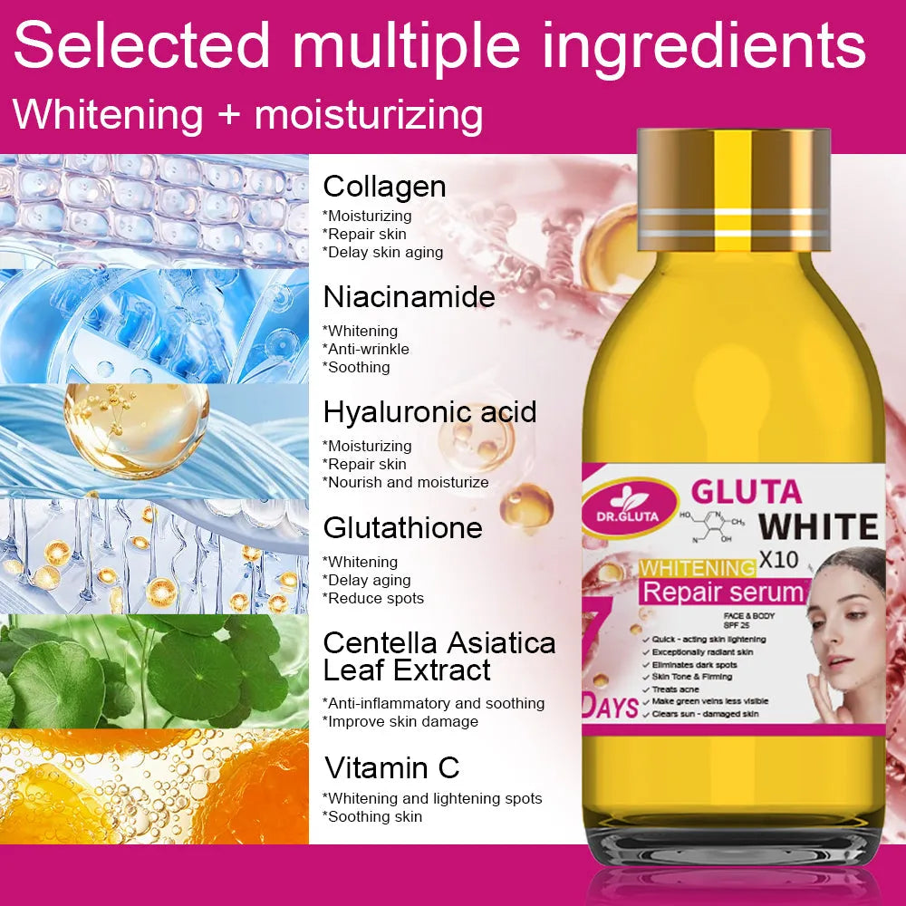 Glutathione whitening serum 125ml bottle for 7 day whitening repair, moisturising and anti-aging facial use