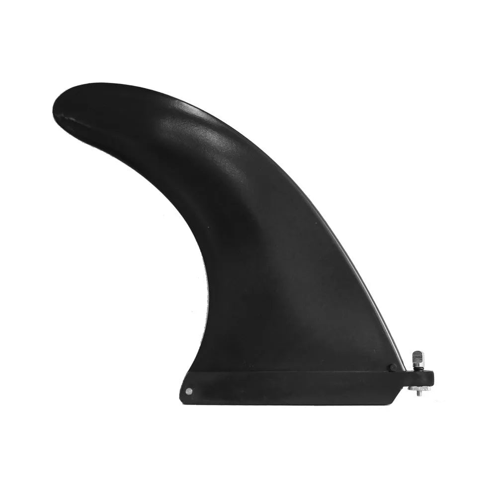 SUP paddle with detachable fish fins showing screw attachment mechanism and plastic construction