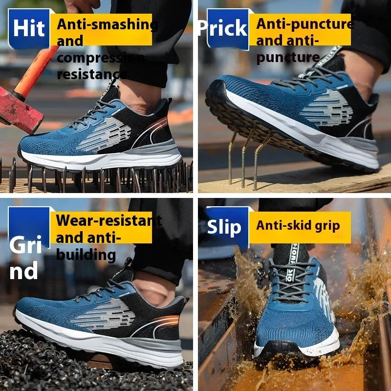 Blue men's safety work shoes with mesh upper, plastic toe cap, and lace closure on a grey background.