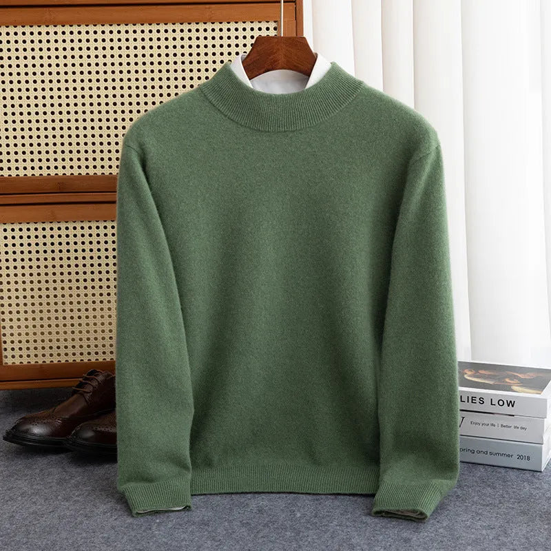 Men's half-collar wool sweater in loose fit showing texture of rough yarn wool