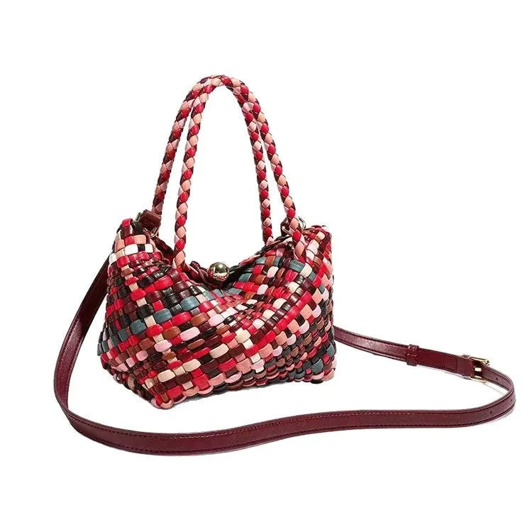 Colourful woven pattern on a women's casual PU leather shoulder bag showing its 18cm length.