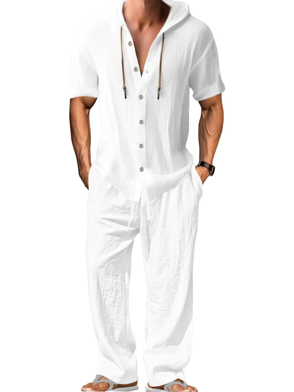 Men's casual cotton sports leisure suit in a long sleeve top and trousers, shown in a neutral colour.