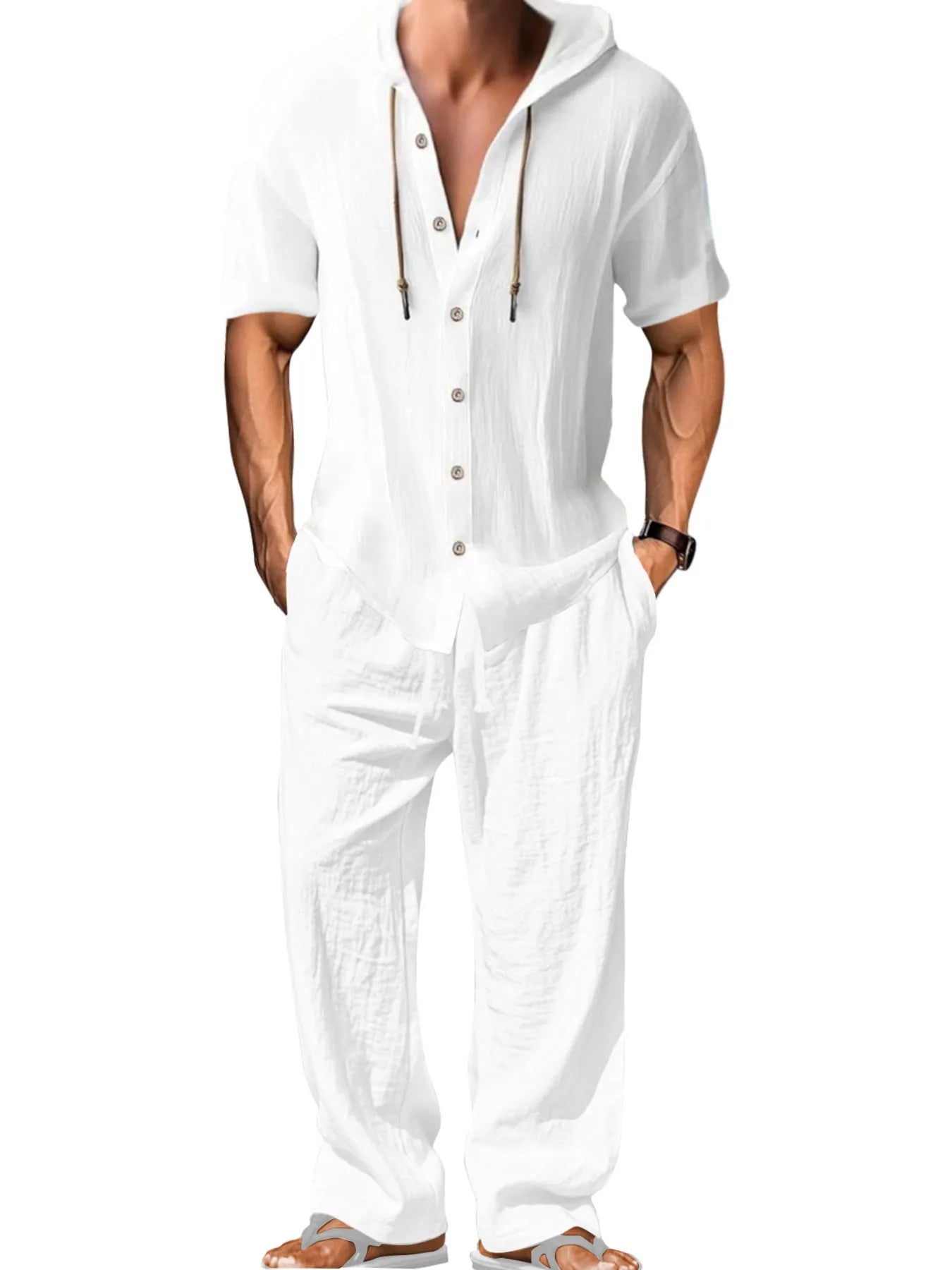 Men's casual cotton sports leisure suit in a long sleeve top and trousers, shown in a neutral colour.