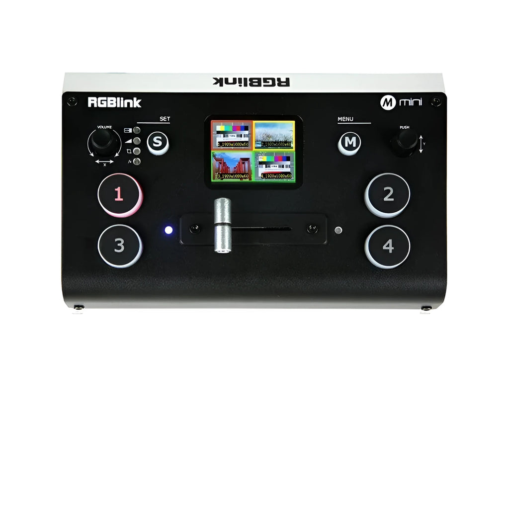 RGBLINK HDMI video switcher front panel showing TFT screen, T-Bar switch, and four HDMI inputs.