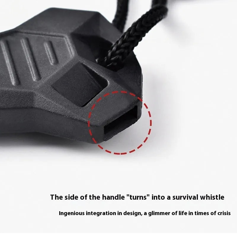 Black multifunctional outdoor survival flint with magnesium rod and stainless steel scraper showing six tool functions