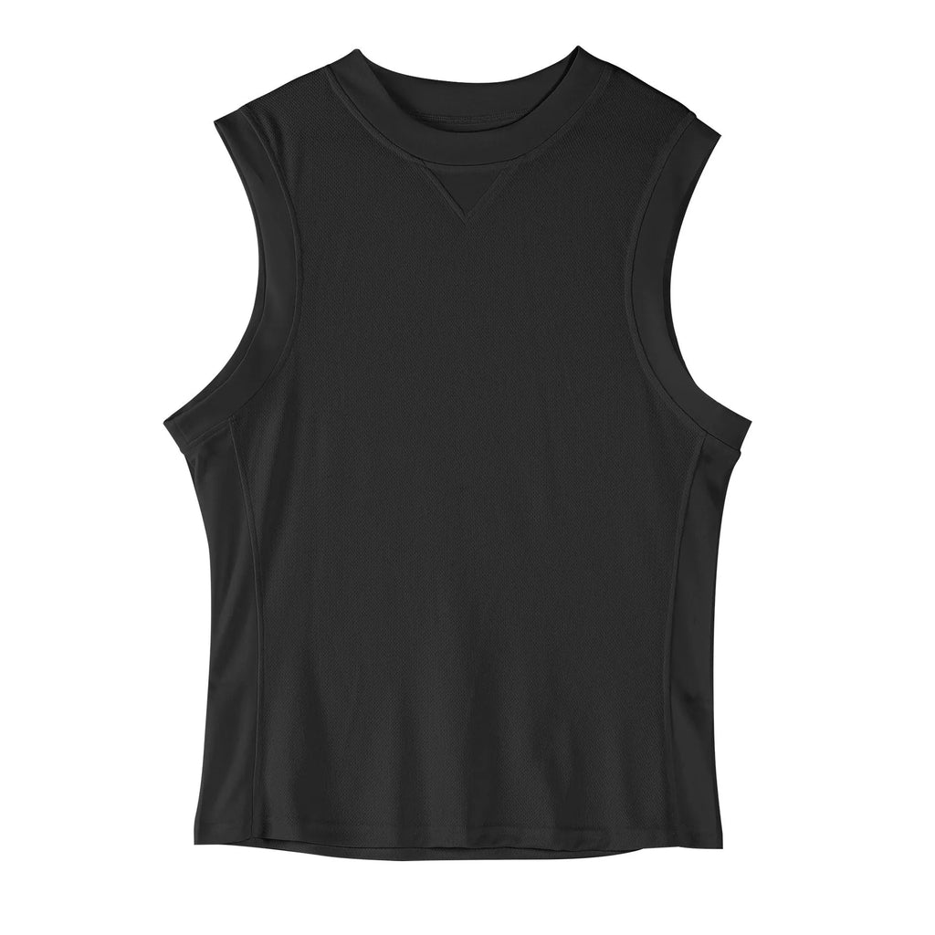 A man's loose-fit black sports vest made from a soft, quick-dry polyester blend fabric.