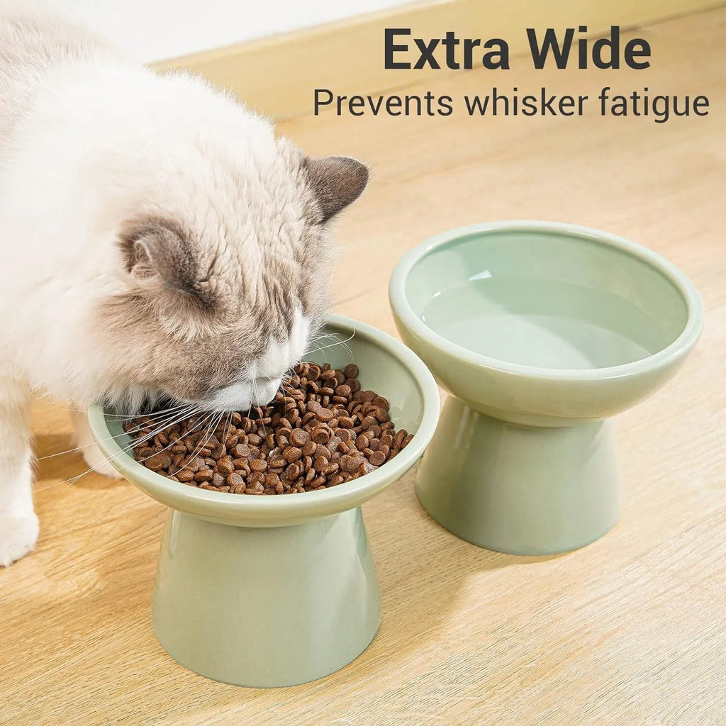 Elevated ceramic cat food and water bowl set with wide 16cm shallow dish design in various colours
