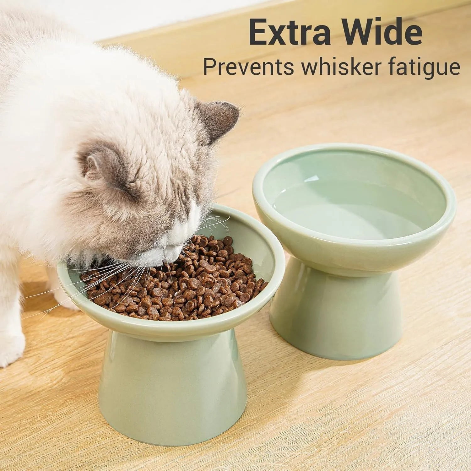 Elevated ceramic cat food and water bowl set with wide 16cm shallow dish design in various colours