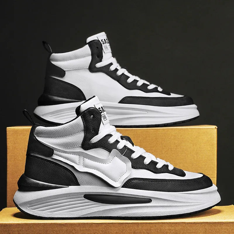 Men's black and white high-top board shoes with round toe and platform sole