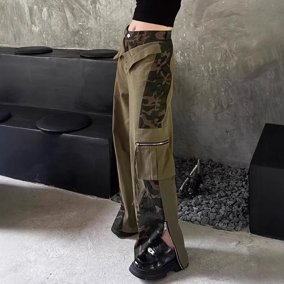 Dark khaki leopard print high waist straight leg jeans with contrast colour stitching on a mannequin.