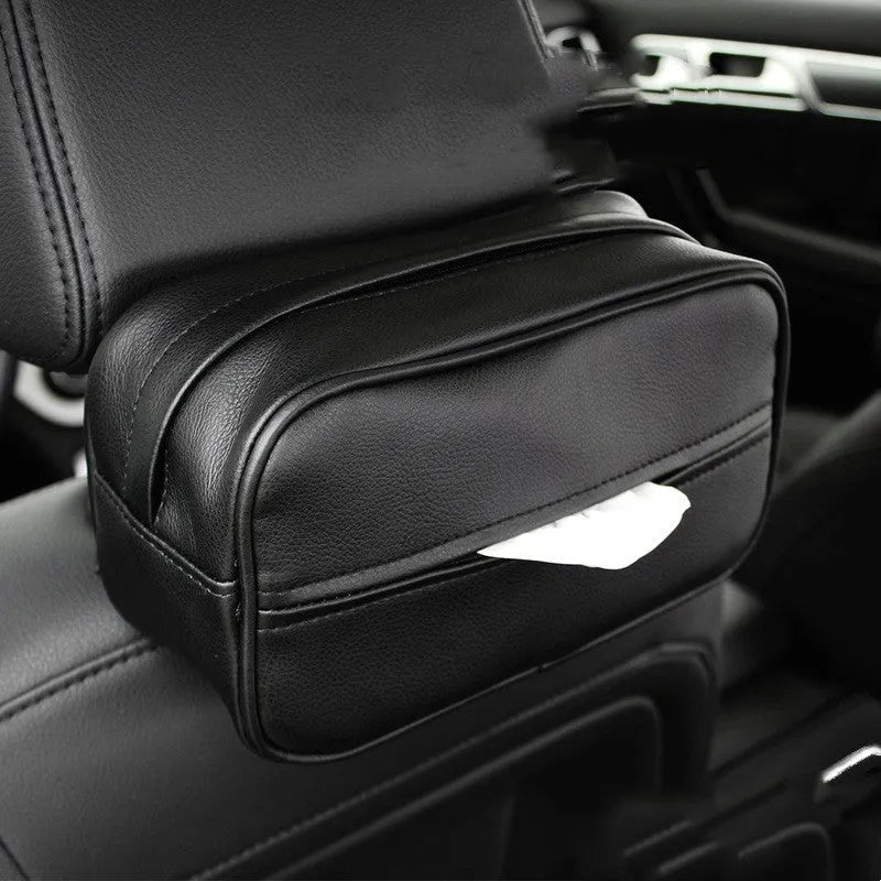 Black PU hanging leather box measuring 23x13x9cm with hanging loop for car storage