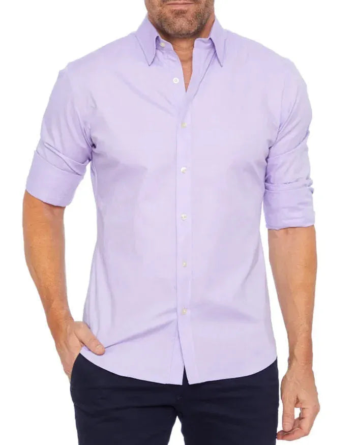 Men's long sleeve zip shirt with button-design collar, slim fit cotton fabric, available in eight colours and sizes XS to XXXL