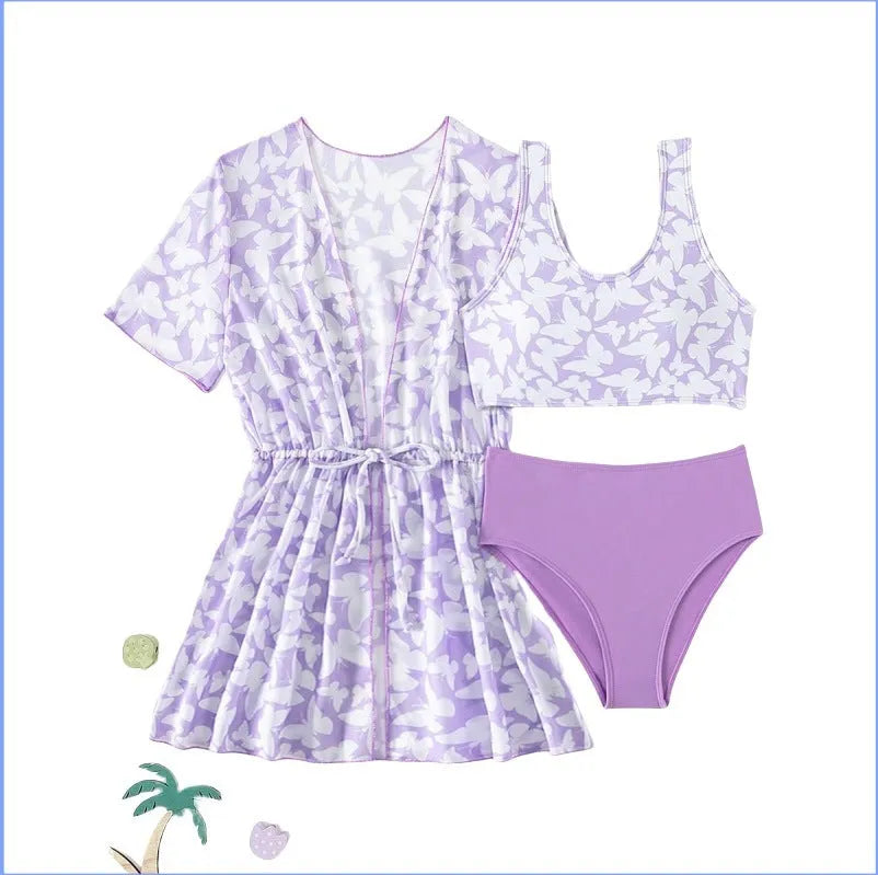 Girls three-piece polyester swimsuit set with coat, vest, and pants in colour 3218