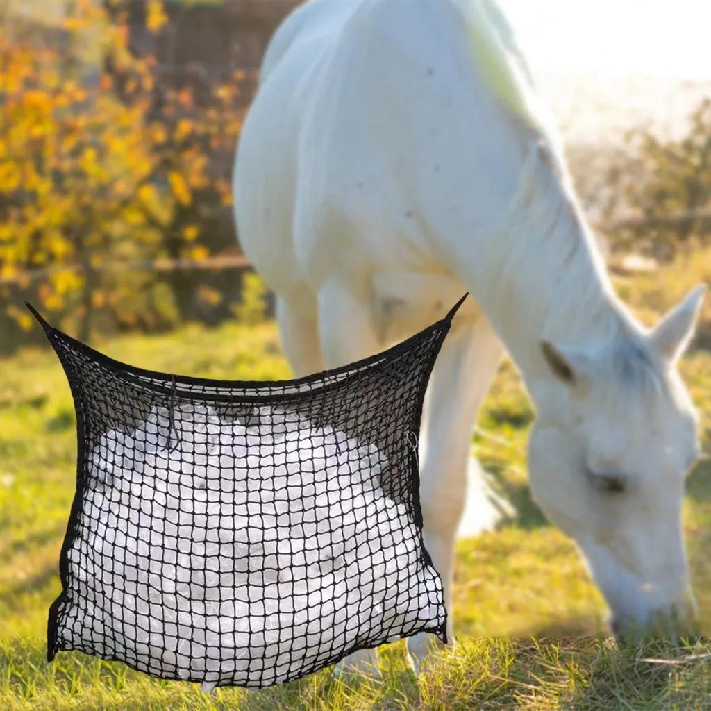 Black woven polyethylene rope horse feeding bag with grid pattern, hanging demonstration showing 120x90cm size