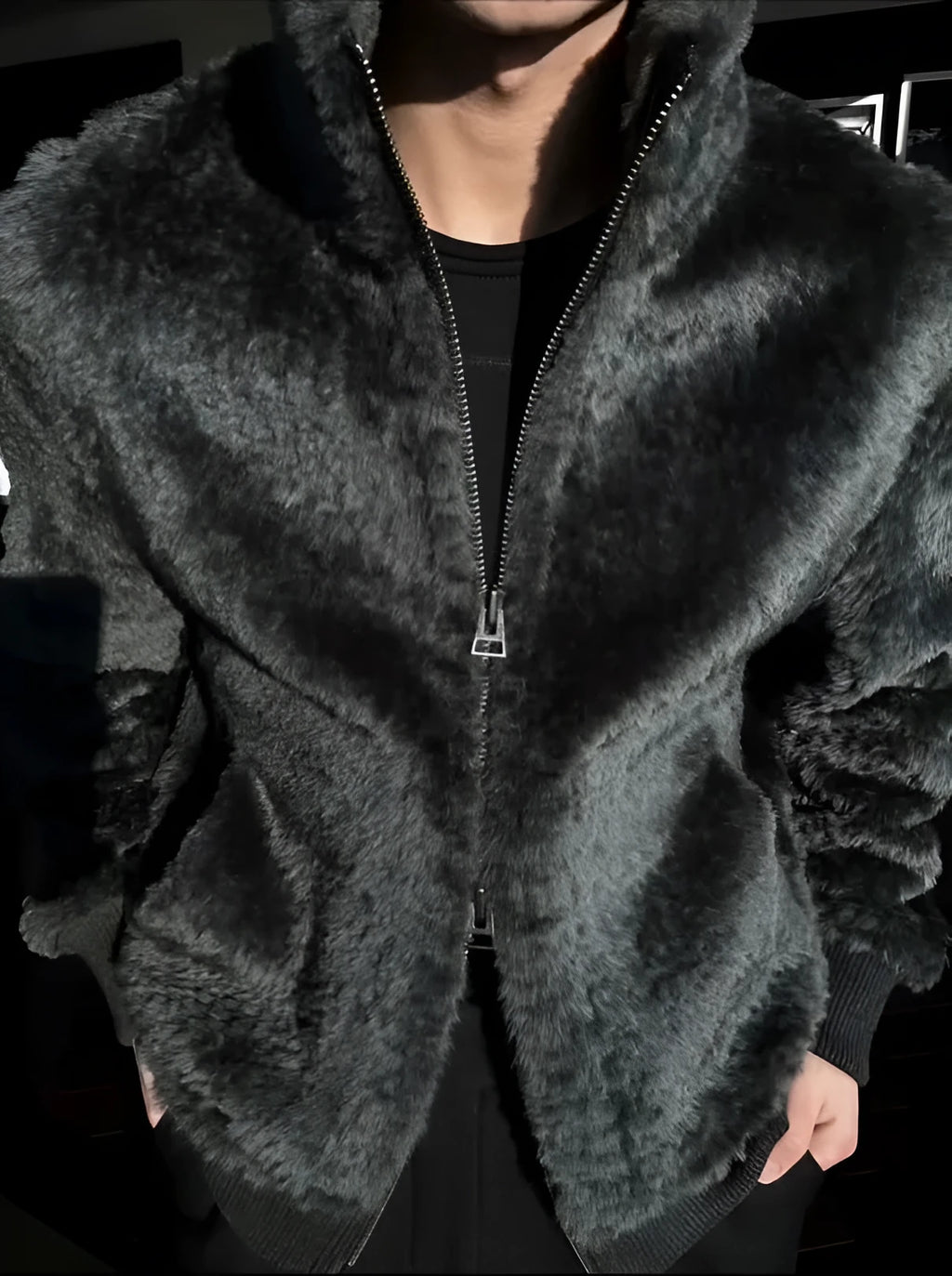 Men's black plush zipper jacket with full zip and long sleeves for autumn and winter, sizes S to 3XL