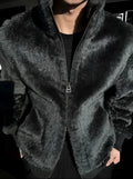 Men's black plush zipper jacket with full zip and long sleeves for autumn and winter, sizes S to 3XL