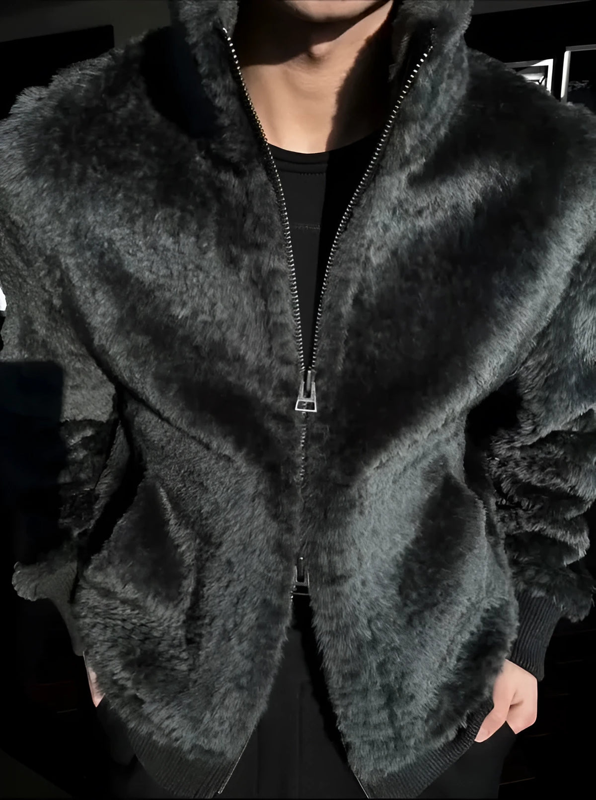 Men's black plush zipper jacket with full zip and long sleeves for autumn and winter, sizes S to 3XL