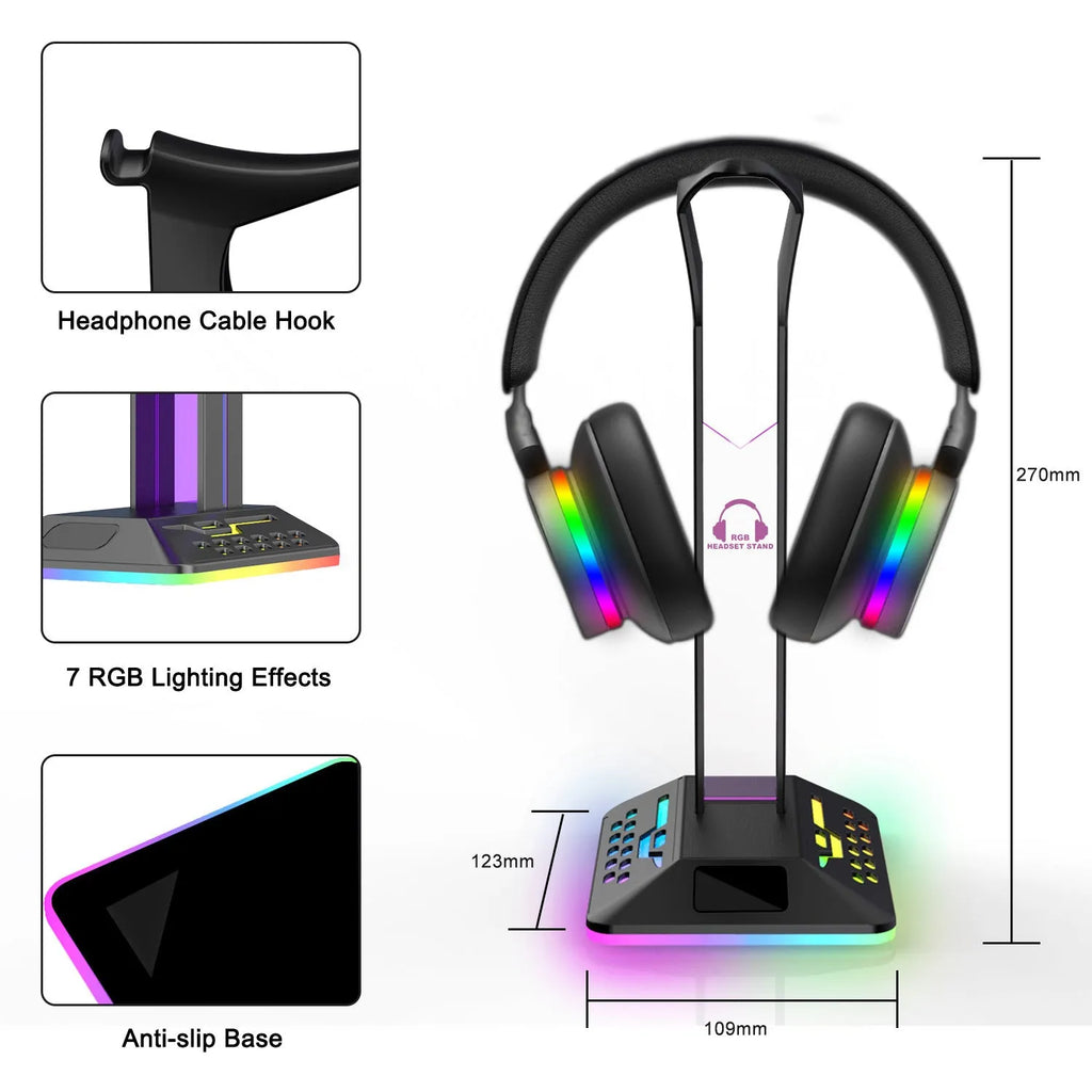 RGB colour changing headset display bracket with dual USB ports and 1.5 metre cable