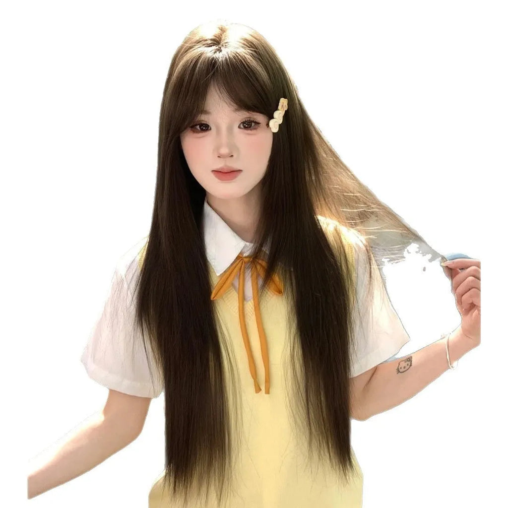 Long straight full-head wig in cold brown colour with high temperature fibre construction