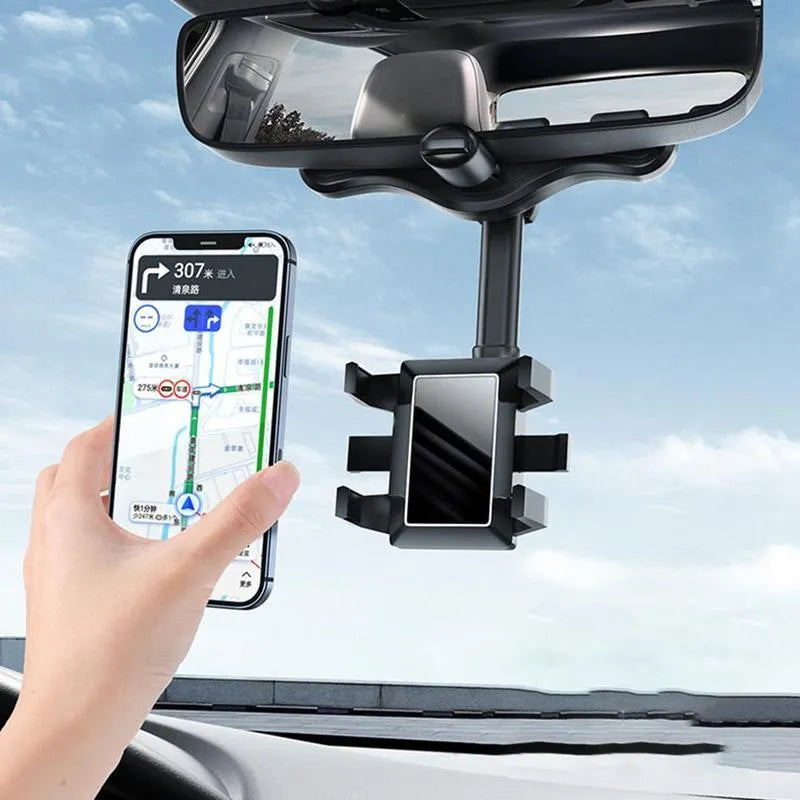 Black rearview mirror phone holder mounted on car mirror with phone in landscape orientation