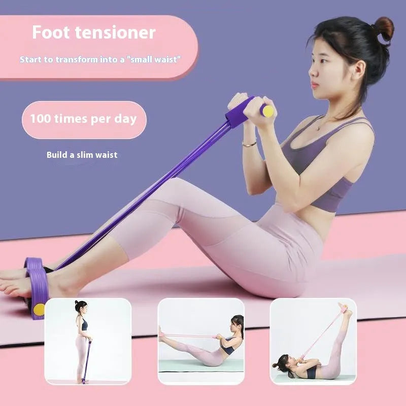 Yoga four piece set with leg stretching device, yoga ring, pedal tensioner, and figure eight tension rope on a mat