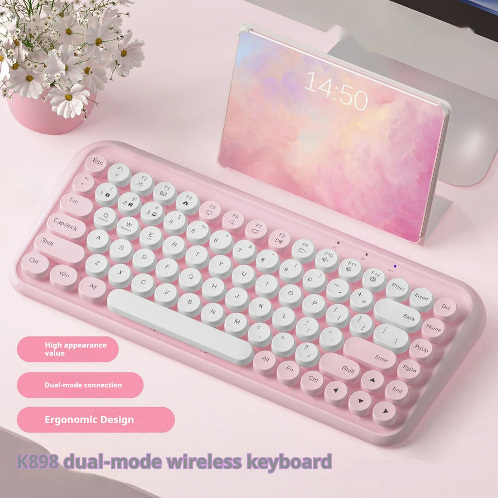 Pink wireless Bluetooth keyboard with 84 keys measuring 339mm wide, featuring crater architecture buttons for quiet typing