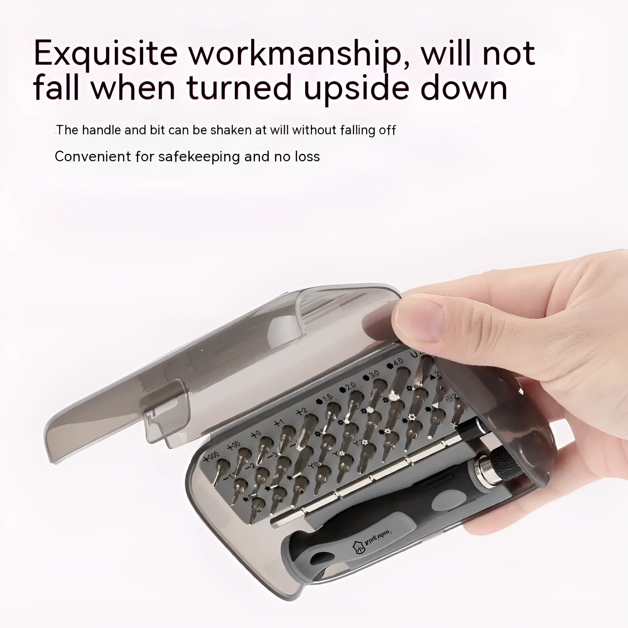 32-in-1 screwdriver set with multiple bits organised in a black plastic case.