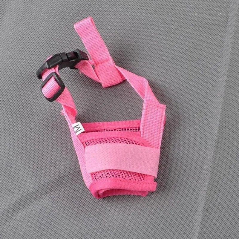 Adjustable plastic dog muzzle in black, red, blue, pink, or purple colours showing size options for biting and barking control