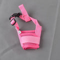 Adjustable plastic dog muzzle in black, red, blue, pink, or purple colours showing size options for biting and barking control