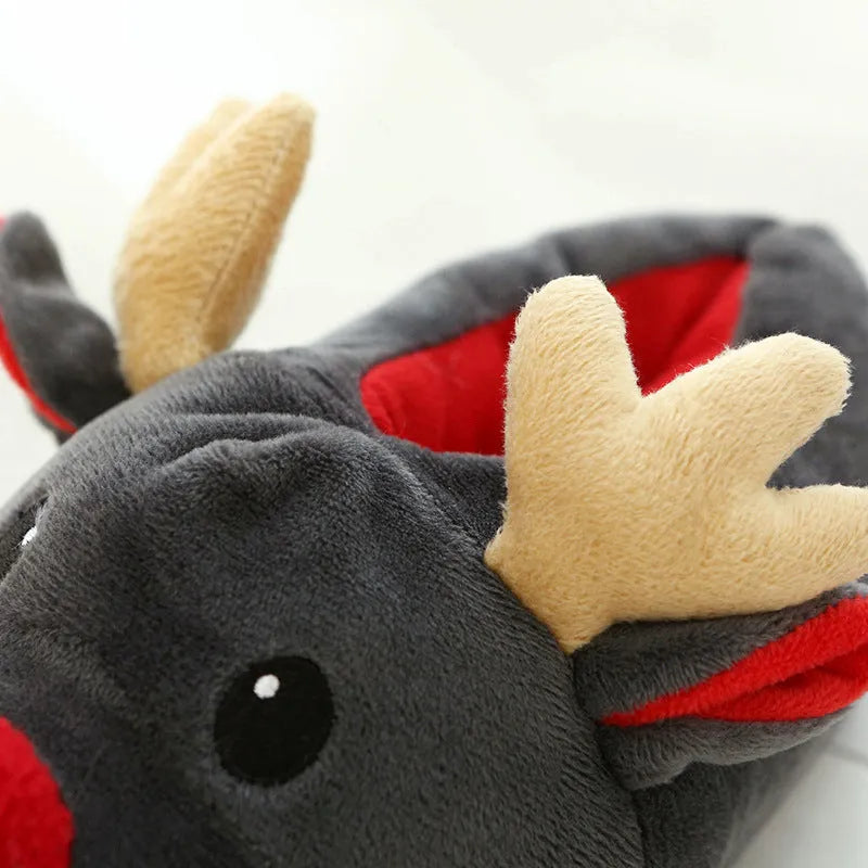 Grey Christmas elk home slippers with super soft fleece upper and point bottom sole, unisex sizes 36-41