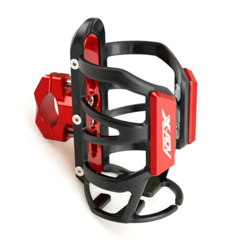 Modified water bottle cage mounted on Honda X-ADV scooter bumper in titanium colour