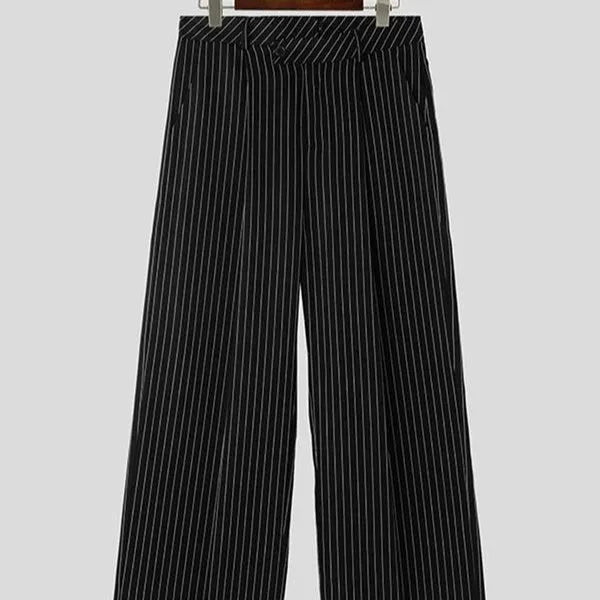 Men's black vertical striped pleated casual trousers showing high elasticity fabric and rabbit hair bamboo fibre blend