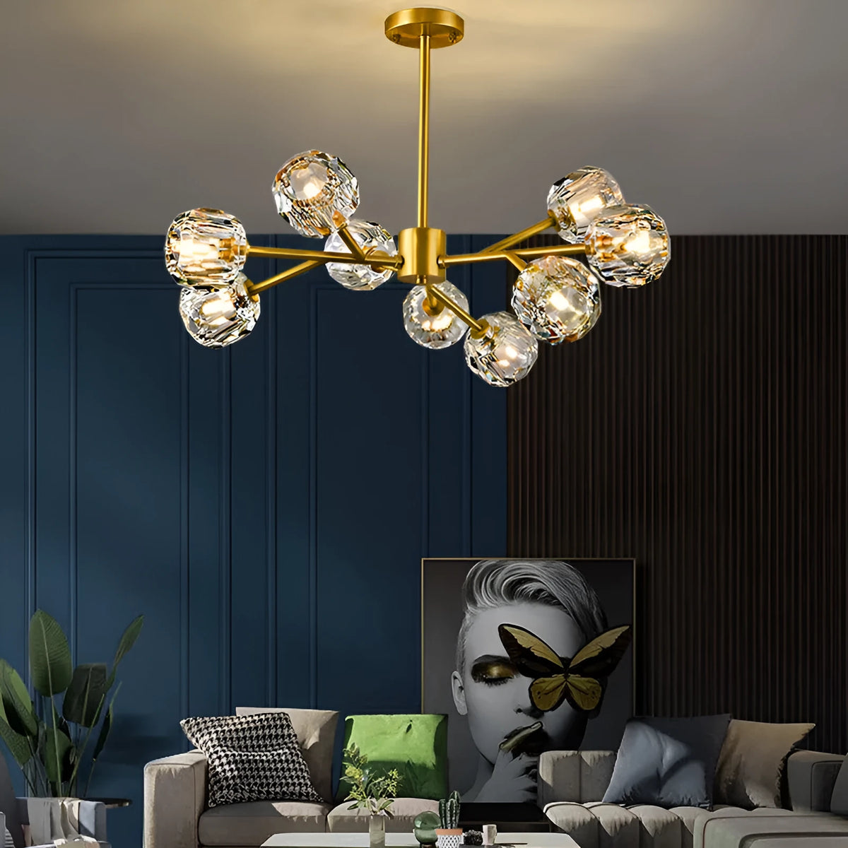 Nordic all copper crystal chandelier, 9 heads, LED, remote control, 220V, 15-30sqm