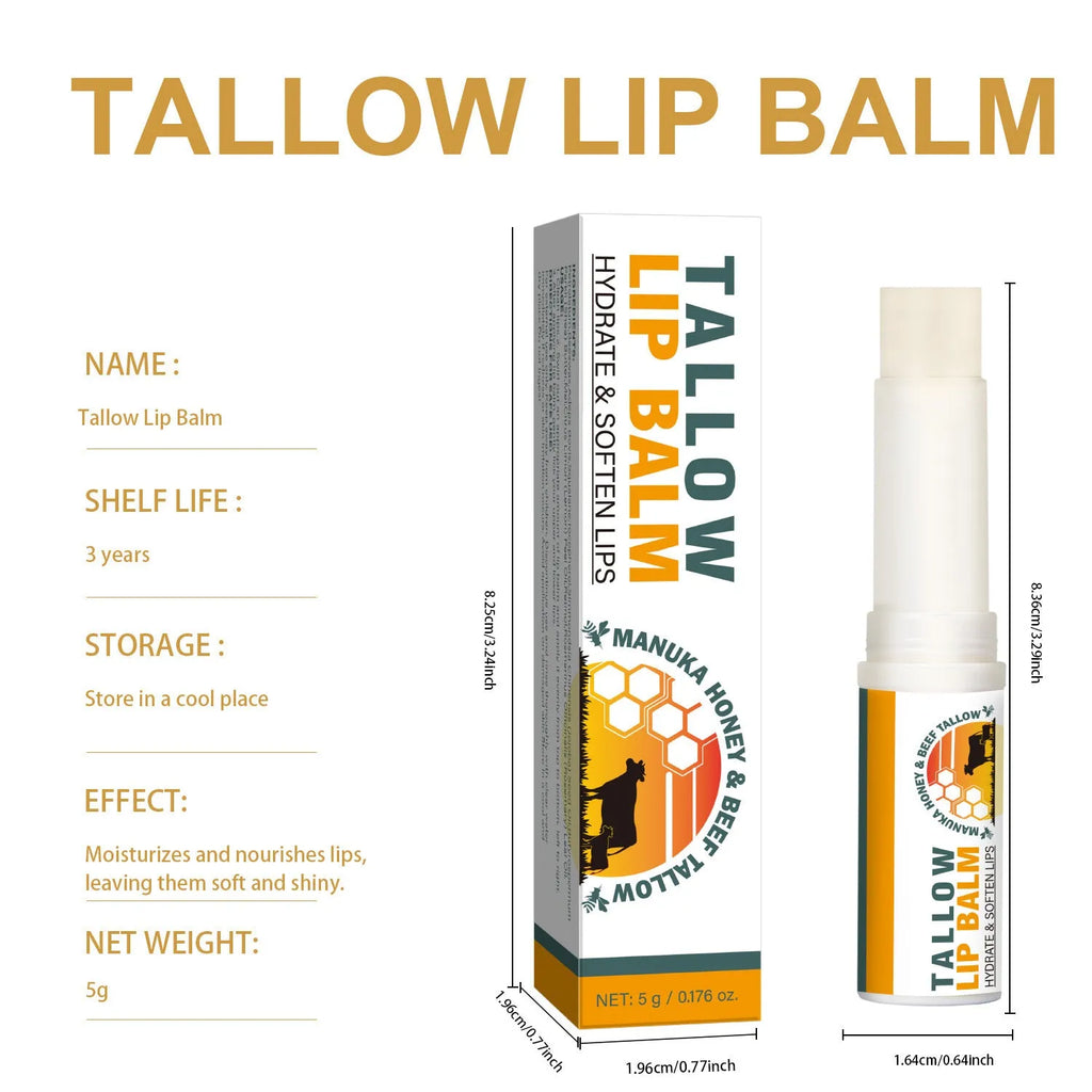 Tallow lip balm stick measuring 83mm long with 19mm square profile and 5g weight