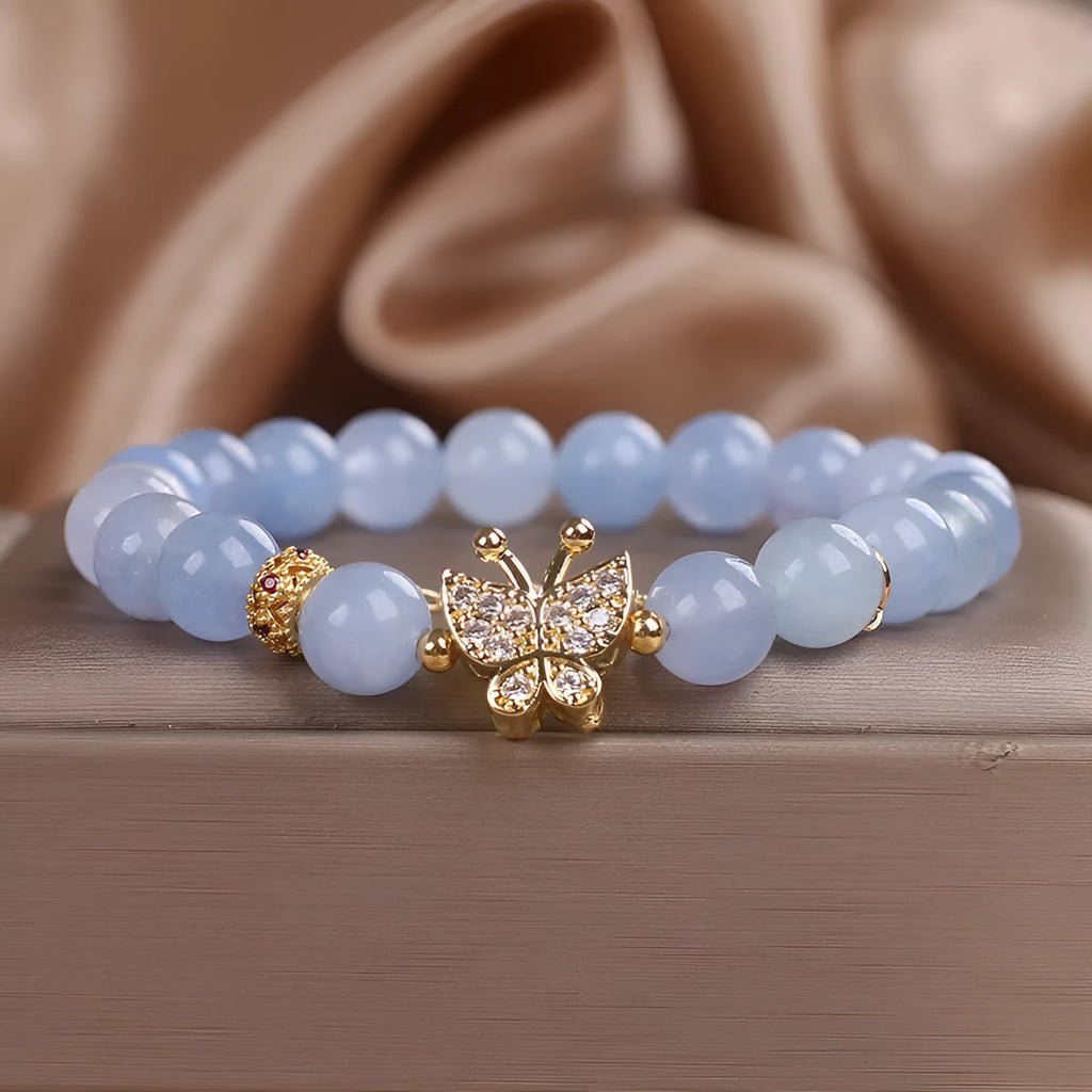 Sky blue butterfly crystal bracelet for women with pearls and rhinestones