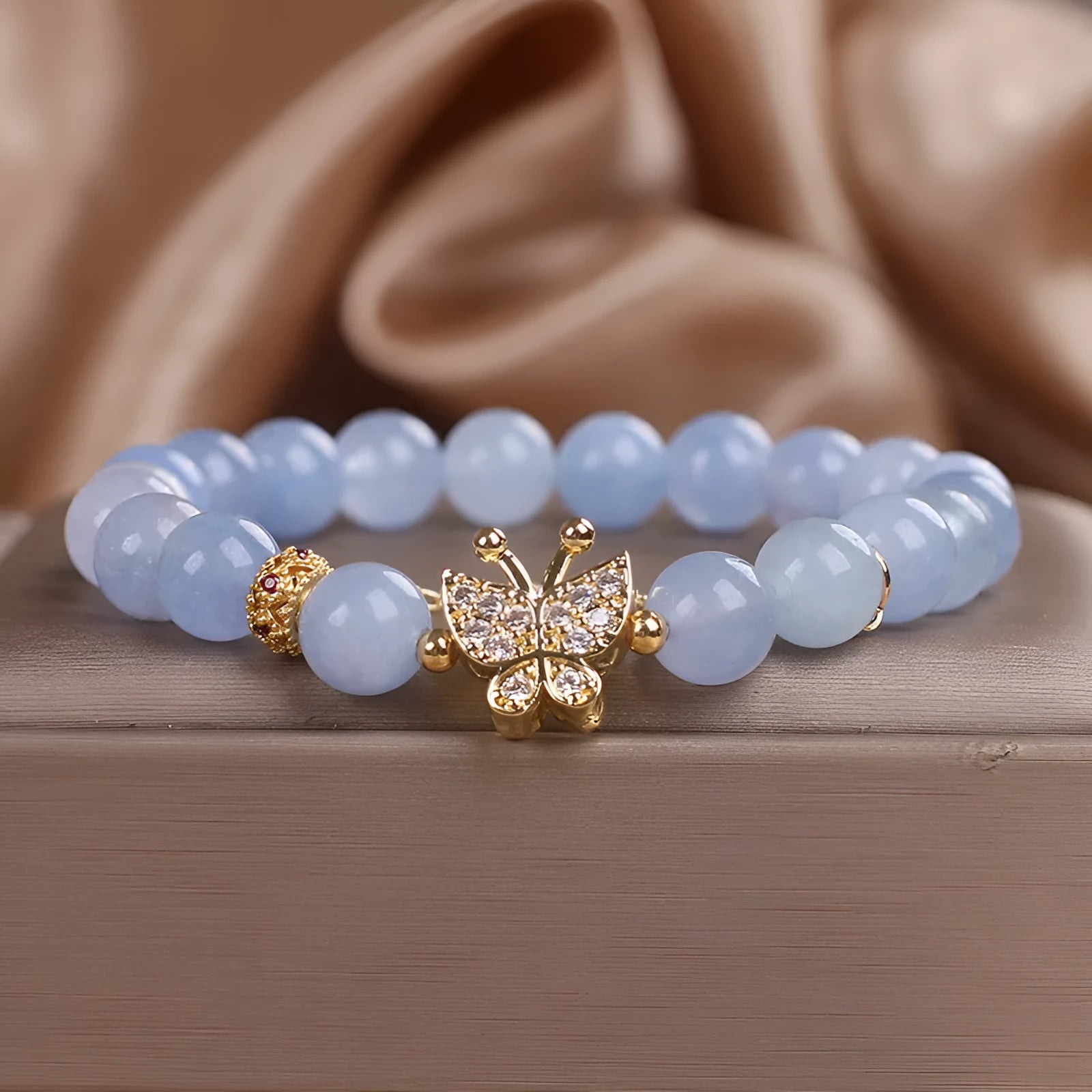 Sky blue butterfly crystal bracelet for women with pearls and rhinestones