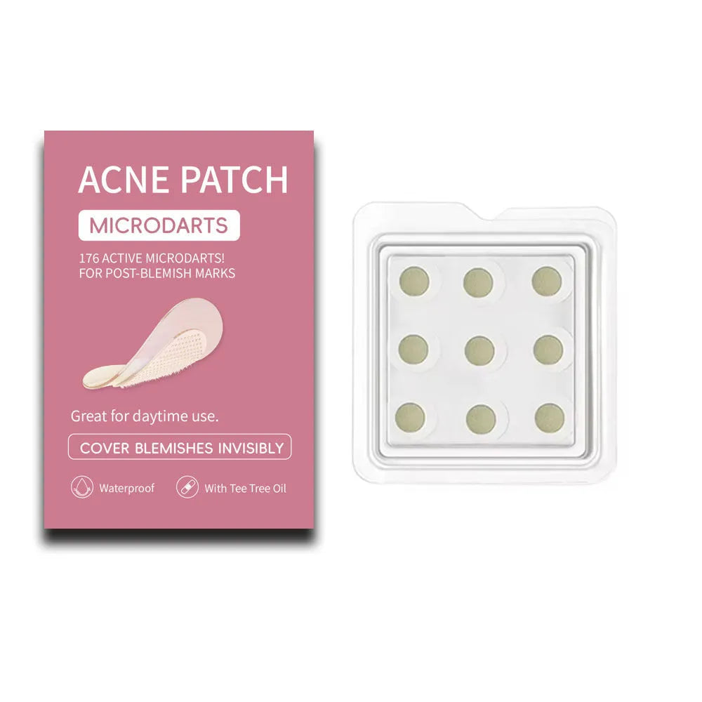 Box containing nine round, translucent hydrocolloid acne patches for spot treatment.