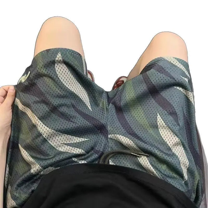 Men's camouflage mesh shorts in straight-leg design with cotton blend fabric, sizes M to 3XL