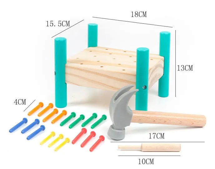 Wooden hammering nail toy with 17 coloured nails, hammer, reverse knock and nail plate, 19 x 13.5 x 16 cm
