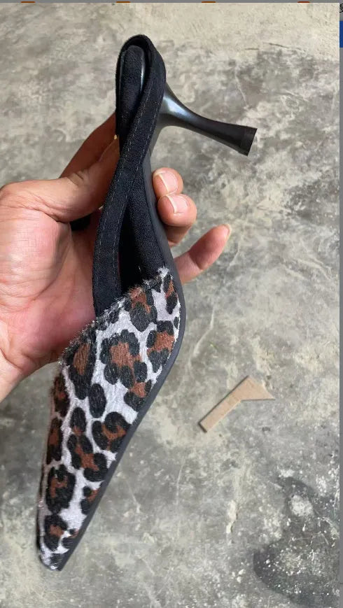 Leopard print suede women's pointed toe high heel sandals.