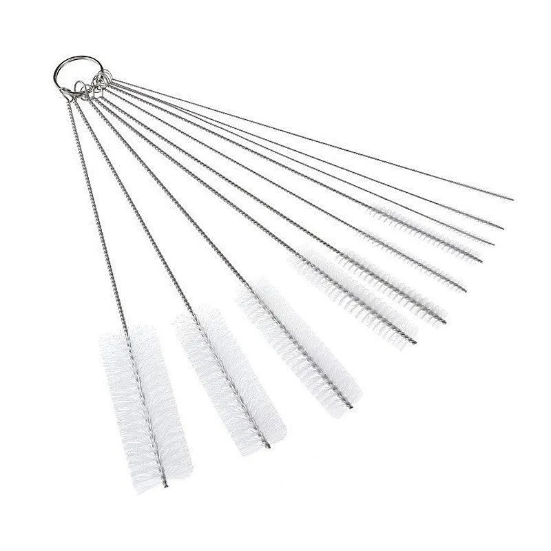 Set of stainless steel handled cleaning brushes with white nylon bristles for cleaning reusable straws.