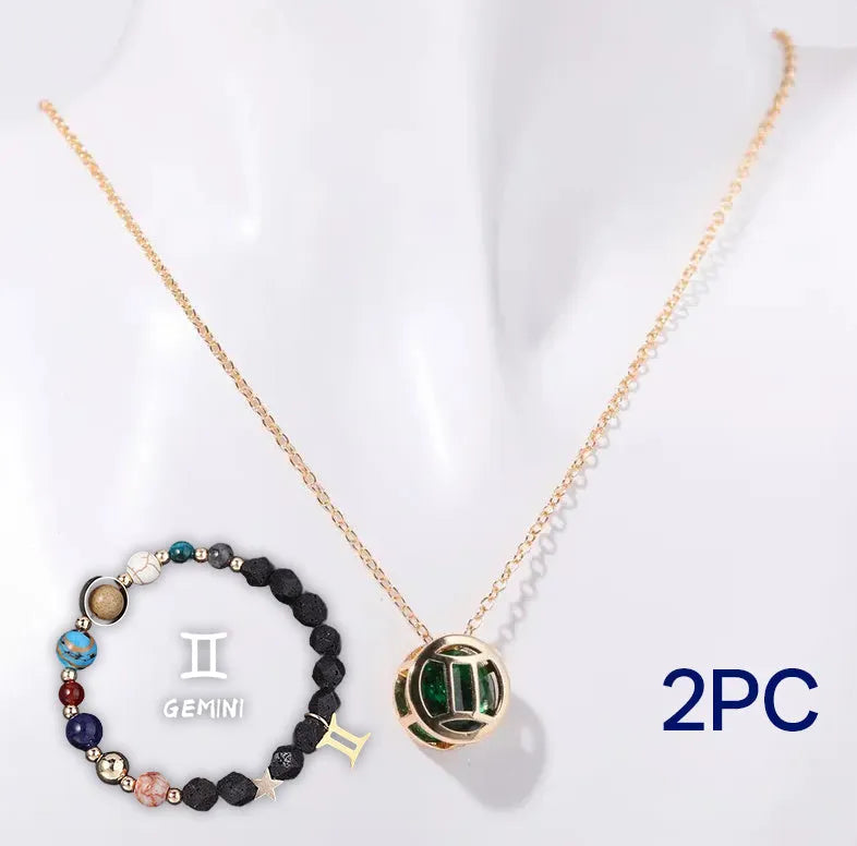 Natural stone beaded multi-strand necklace and matching bracelet set on a background.