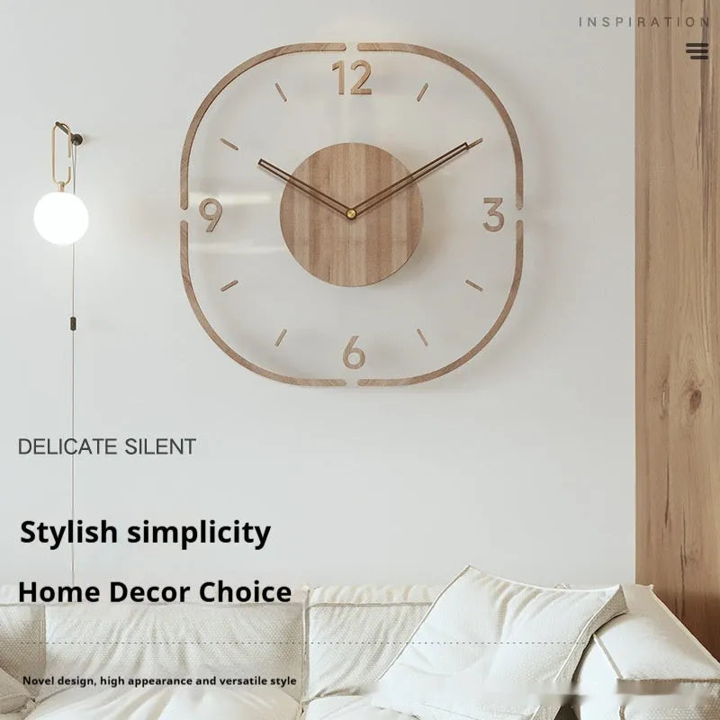 Modern square wooden wall clock with transparent frame on a wall.