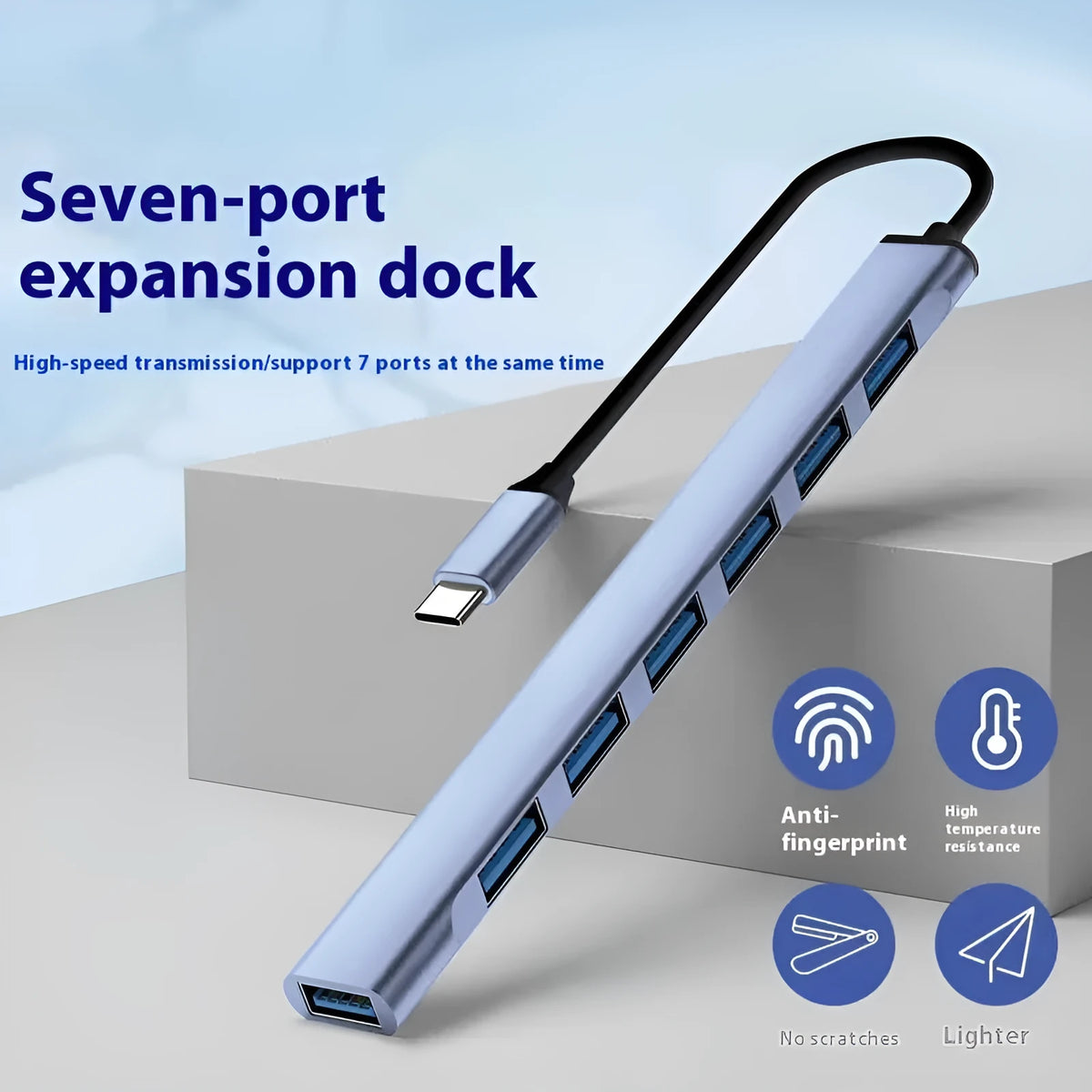 Blue Type-C to 7 USB docking station with 0.1m cable and 10Gbps transmission rate